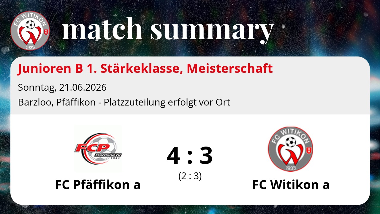 Junioren B 1. Stärkeklasse: FC Pfäffikon a vs FC Witikon a 4:3 (2:3)